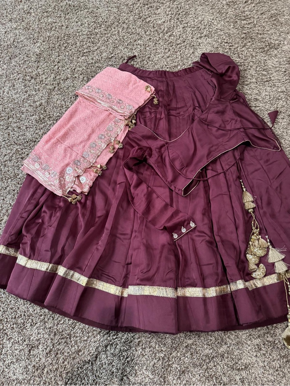 Maroon Lehenga Choli Set with Pink Dupatta